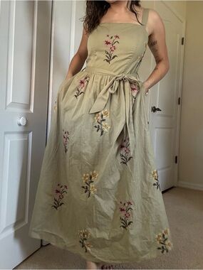 Cotton Green Floral Embroidered Midi Dress